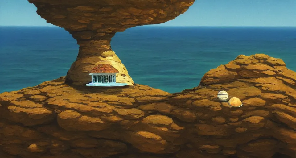 Prompt: oil painting of a tiny abalone seashell house on top of a rock, by roger dean, syd mead, cell, concept art, minimalist, cinematic color scheme