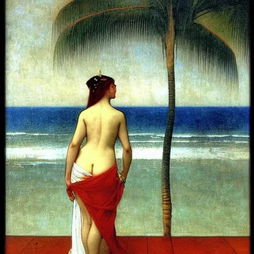 Image similar to Girl with a blood dripping chalice at the palace, thunderstorm, pool, beach and palm trees on the background major arcana sky, by paul delaroche, alphonse mucha and arnold böcklin arnold böcklin hyperrealistic 8k, very detailed