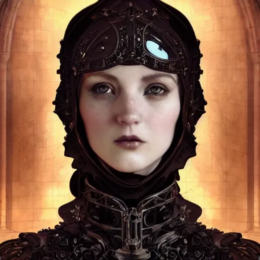 Image similar to beautiful victorian and luxury and goddess and gothic female medieval Black armor knight portrait+shiny eyes+front face with light flowing hair, ultradetail face, ruined gothic cathedral, art and illustration by tian zi and craig mullins and WLOP and alphonse mucha, ssci-fi, fantasy, intricate complexity, human structure, hypermaximalist, fantasy character concept, dynamic lighting, neon light, watermark, blurry, hyperrealism 8k