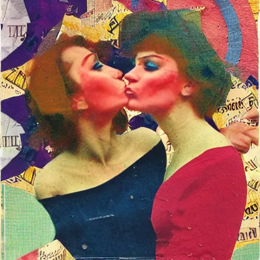 Prompt: two women kissing at a carnival, mixed media collage from 7 0 s, retro, lowfi, magazine collage