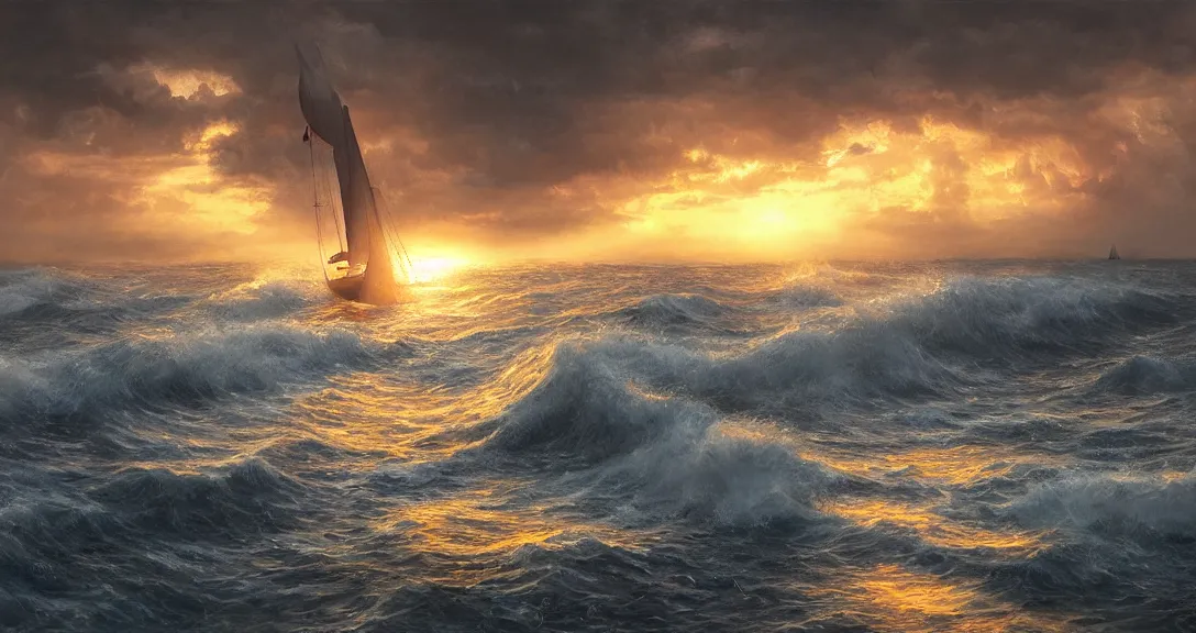 Image similar to sunrise over an stormy ocean, single sailboat, one mast, hyperdetailed oilpainting, ntricate, volumetric lighting, scenery, digital painting, highly detailed, artstation, sharp focus,