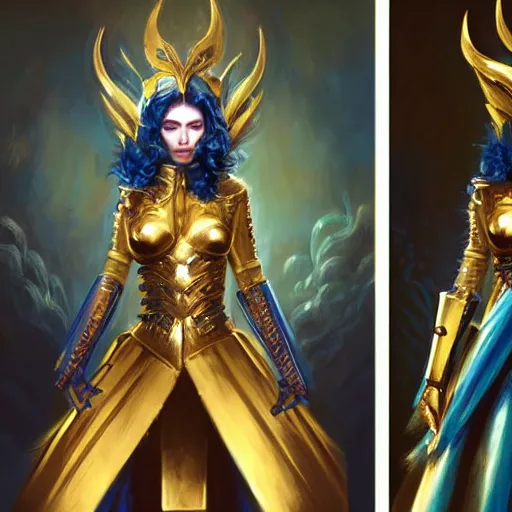 Image similar to painting of a woman in elaborate blue and gold armor with spiked horns on her helmet, painting by Charlie Bowater and WLOP