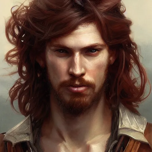 Image similar to portrait of a young rugged pirate, male, masculine, upper body, red hair, long hair, d & d, fantasy, intricate, elegant, highly detailed, digital painting, artstation, concept art, matte, sharp focus, illustration, art by artgerm and greg rutkowski and alphonse mucha