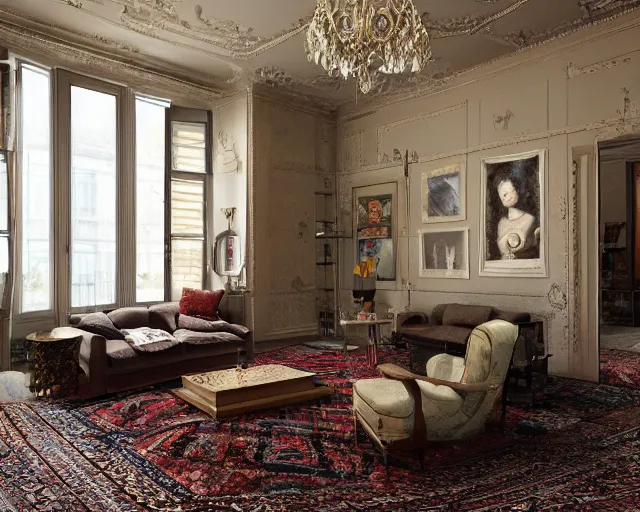 Image similar to a beautiful open space apartment with persian rugs and antique furniture designed by mark mills and nathaniel owings, interior design, architecture, key lighting, soft lights, by steve hanks, by edgar maxence, by caravaggio, by michael whelan, by delacroix, by serov valentin, by tarkovsky, 8 k render, detailed, oil on canvas