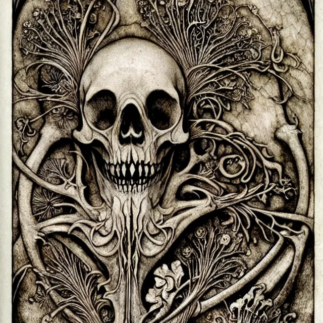 Image similar to memento mori by arthur rackham, art forms of nature by ernst haeckel, exquisitely detailed, art nouveau, gothic, ornately carved beautiful skull dominant, intricately carved antique bone, art nouveau botanicals, ornamental bone carvings, art forms of nature by ernst haeckel, horizontal symmetry, arthur rackham, ernst haeckel, symbolist, visionary