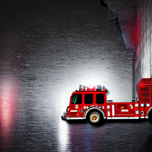 Image similar to A firetruck at night, back view, off angle, dark shading, flashing lights, wet reflective concrete, city, photograph, award winning, deviantart