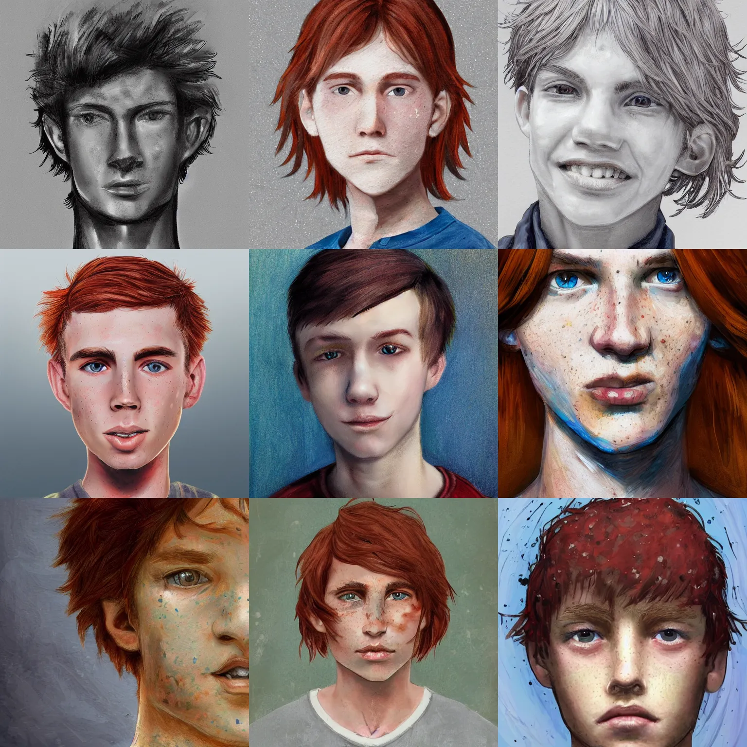 Prompt: face portrait of a thin teen boy with red hair and a lot of freckles, blue eyes, a long nose, highly detailed, digital art