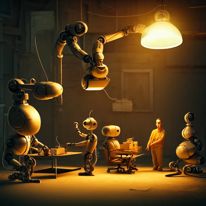 Prompt: miniature experiment crew of robot workers building giant mouse movie prop head in quaint workshop, octane render, 4 k ultra hd, hyper - detailed, realistic, seedy lighting, sharp focus, in style of beeple gediminas pranckevicius