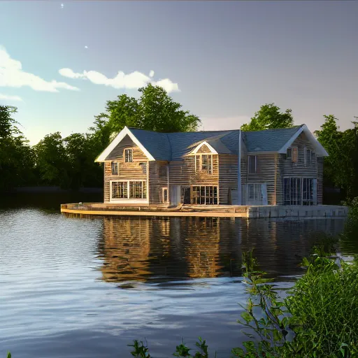 Image similar to a beautiful photography of an house on a lake, 4k textures, unreal engine, CANON EOS C300, ƒ4, 200mm, natural lights, trending on ArtStation, Maine, colonial style, photorealism