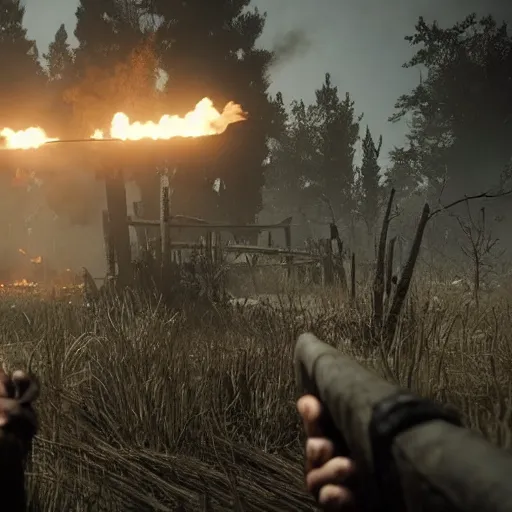 Image similar to hunt showdown western weapons burning city cinematic highly detailled