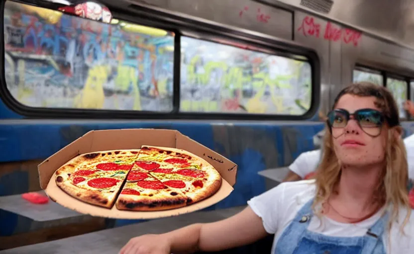 Image similar to pizza, as graffiti on a train