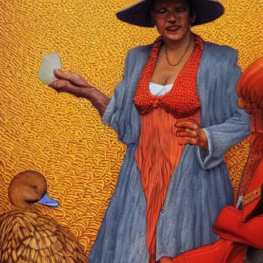 Image similar to yo mama is so poor ducks throw bread at her, rennaissance masters portrait, jean giraud portrait, intricate details