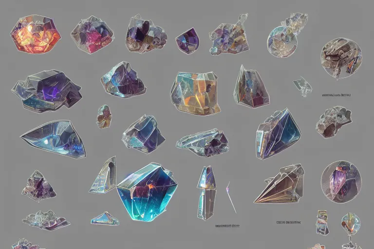 Prompt: stunning schematic diagram of magic crystals, different colors, artbook, page, detailed, cross section, description, material, trending on artstation, cgsociety, Ralph McQuarrie and Greg Rutkowski