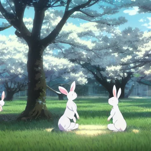 Image similar to A group of white bunny rabbits under the cherry tree, Makoto Shinkai