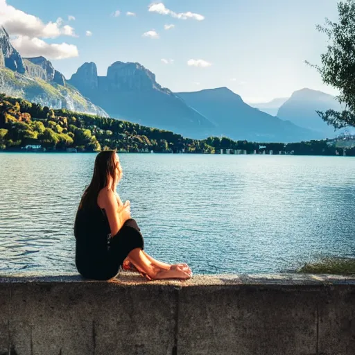 Prompt: woman sitting on a small wall at the lake of annecy, looking at the mountains in the distance. city photography, beautiful lighting