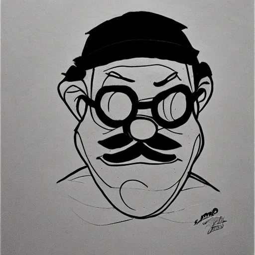 Prompt: continuous single line contour - drawing of wario, pen on white paper