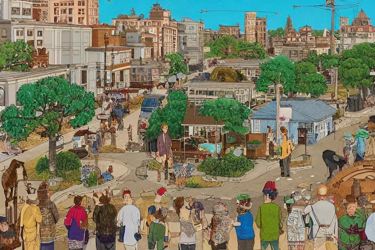 Image similar to an elaborate painting of a peaceful neighborhood, detailed, made of alcohol ink on parchment and penned illustrations, by wes anderson and geoff darrow