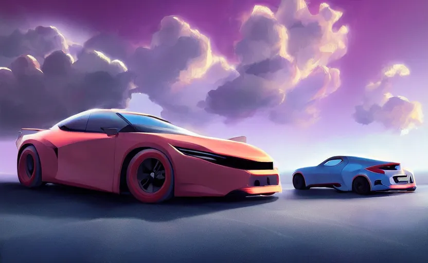 Prompt: a random crossover design sport car in a utopia world. art by filip hodas. clouds by rhads. car by toyota.