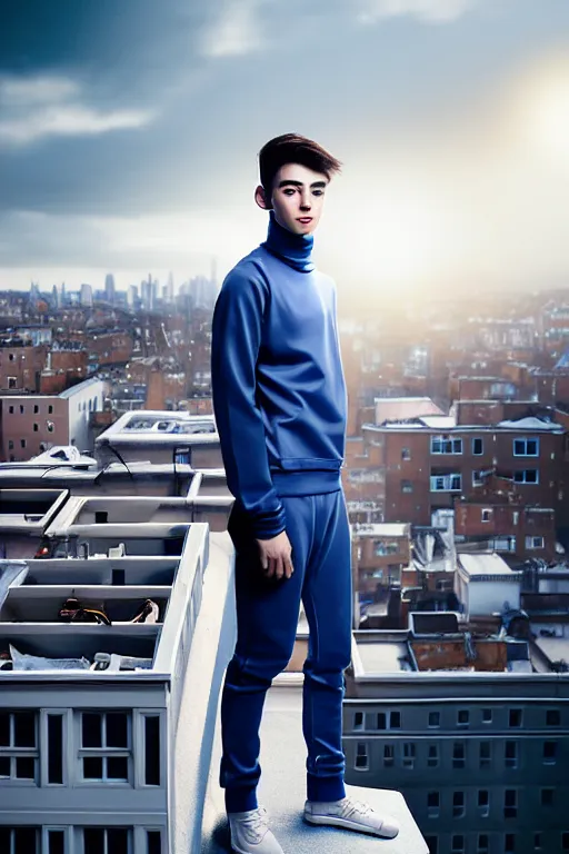 Image similar to un ultra high definition studio quality photographic art portrait of a young man standing on the rooftop of a british apartment building wearing soft padded silver pearlescent clothing. three point light. extremely detailed. golden ratio, ray tracing, volumetric light, shallow depth of field. set dressed.