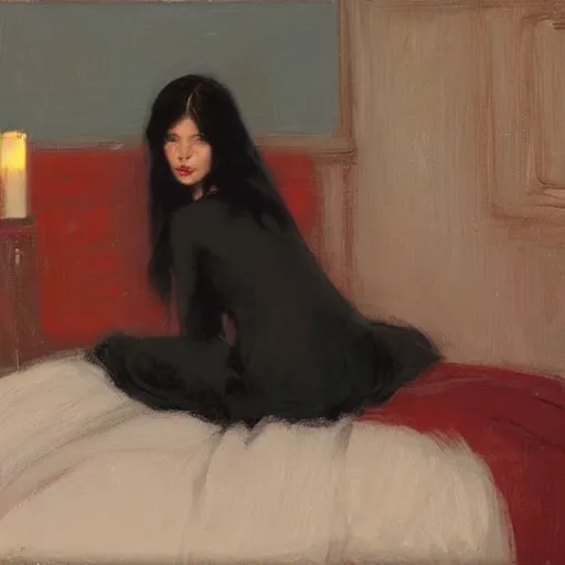 Prompt: beautiful girl with long black hair, in backless red dress, backview, sitting on edge of bed, in a candle lit room, by jeremy lipking, tim rees, joseph todorovitch