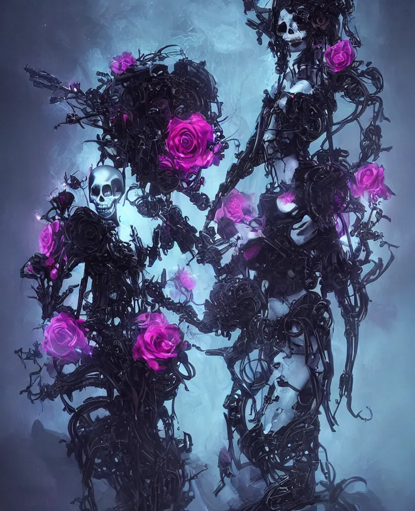 Image similar to a chaotic goddess of death skull black rose s day of the dead atmospheric, dramatic, Trending on artstation. augmentations and cybernetic enhancements neon circuits, greg rutkowski , hyperrealist, cinema4D, 8k highly detailed ❤️‍🔥 🔥 💀 🤖 🚀