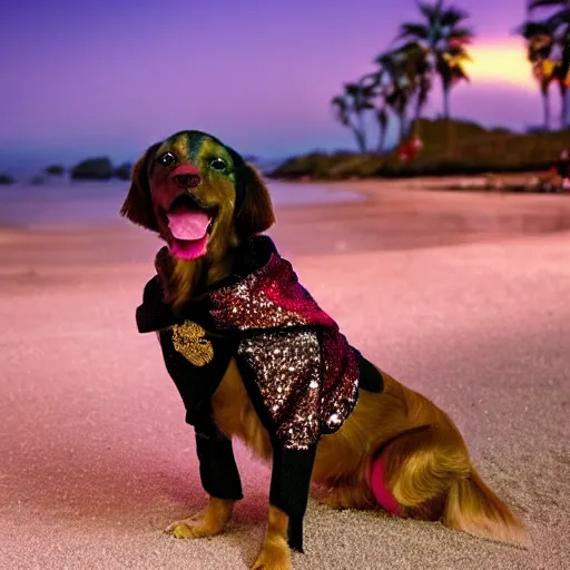 Prompt: Snoop Dogg any sparkly pink sequin jacket petting a golden retriever on a beach at night