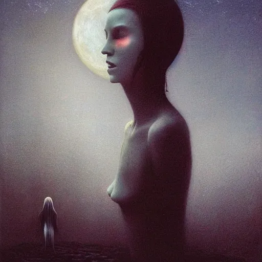 Image similar to majestic pale vampire princess at moon night, by Beksinski