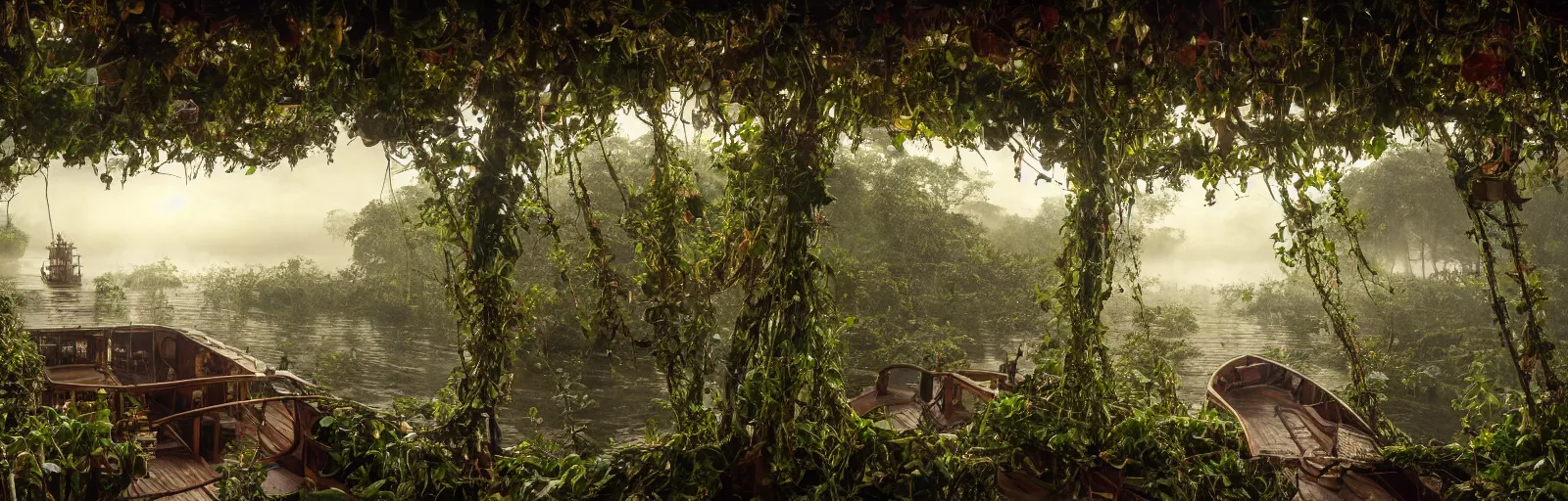 Prompt: A wooden, beautiful 1880's steamboat overgrown with intricate vines, flowers, snakes, anacondas and exotic vegetation floating down on the Amazon river. Faint lights from inside the ship. Steam. Birds circulating. The boat looks like an island. Ecosystem. Photo by Ridley Scott. Photorealistic. Sunset. Volumetric lights. Mist. hyper-maximalistic, with high detail, cinematic, 8k resolution, beautiful detail, insanely complex details.