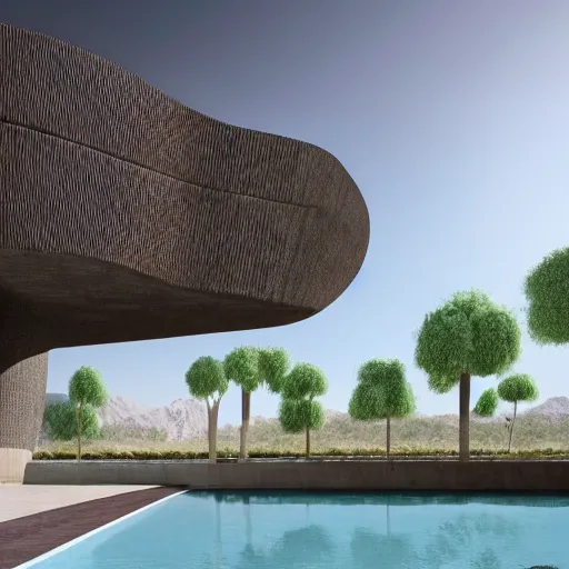 Image similar to architectural rendering of biophilia brutalism building in the desert, pool, garden