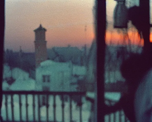 Image similar to lomo photo of pair standing on small hrushevka balcony full with cigarette smoke in small russian town at sunset, cinestill, bokeh