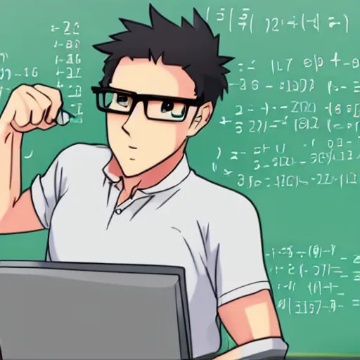 Prompt: buff math teacher with glasses gets ready to fight with a chromebook in his hand, anime, epic, detailed