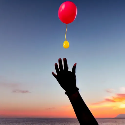 Image similar to a human hand with five fingers holding a yellow balloon sticking out of the ocean with a red sky in the background by chris bilheimer