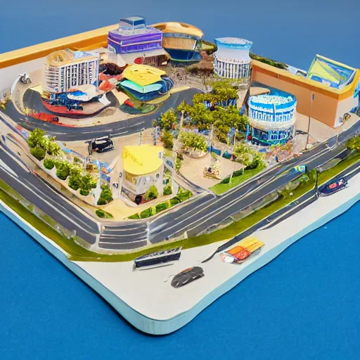 Image similar to A diorama of a shopping center in the middle of the sea
