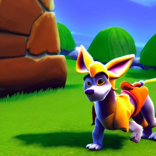 Prompt: screenshot of a cute anthropomorphic dog as an npc in spyro the dragon video game, with playstation 1 graphics, activision blizzard, upscaled to high resolution