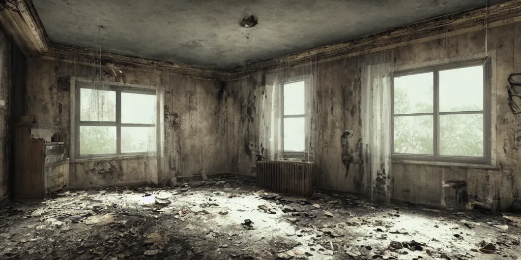 Prompt: abandoned house interior, grunge, cinematic composition, hyper realistic, 8k resolution, unreal engine