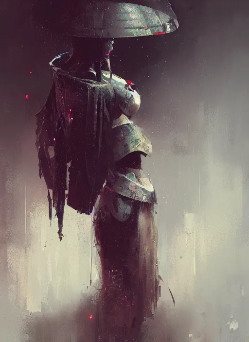 Prompt: female geisha robot, rule of thirds, intricate outfit, spotlight, by greg rutkowski, by jeremy mann, digital painting