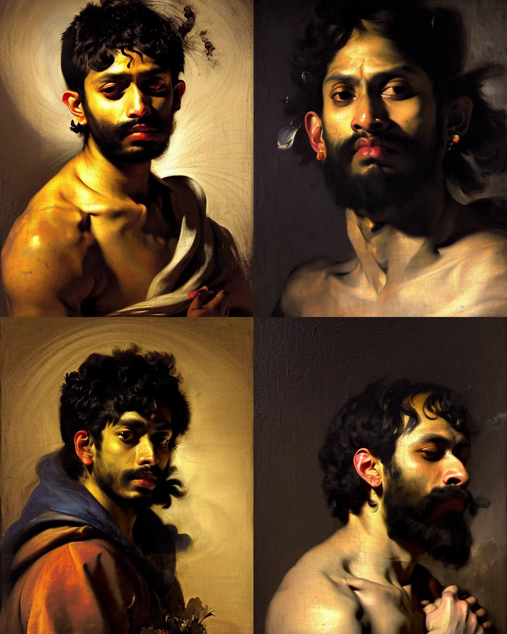 Prompt: a beautiful dramatic portrait of a spaced out indian stoner 2 5 years old boy, by peter paul rubens, by caravaggio, by anthony van dyck, by greg rutkowski, oil on canvas, rococo color scheme, trending on artstation, masterpiece, cinematic composition, brilliant cold lighting, hyper - detailed, sharp, 8 k