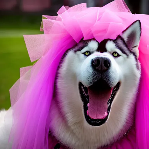 Prompt: very fat siberian husky with a derpy expression, wearing a pink tutu, award winning, digital art, realism, dramatic lighting, bokeh, high detail, 8k