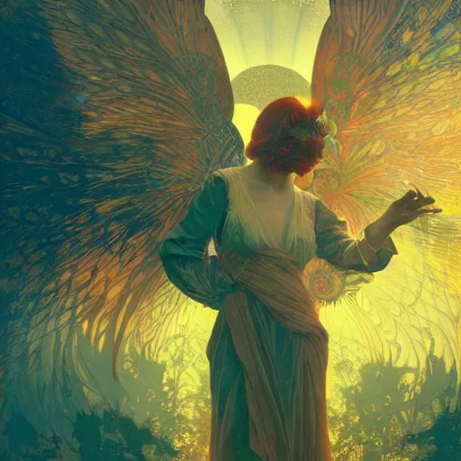 Prompt: the solarpunk phoenix, red bird, regeneration, landscape, epic composition, 8 k, volumetric light, bokeh, painting by greg rutkowski by alphonse mucha