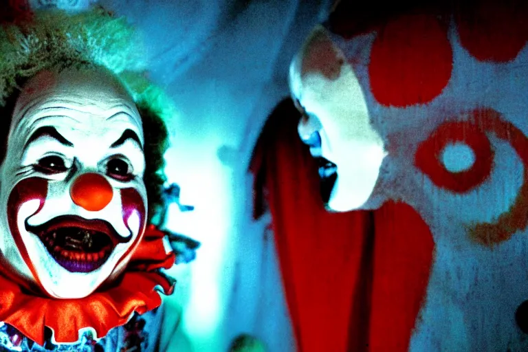 Image similar to cute clown in clowncore funhouse, fractal, in 1 9 9 2, y 2 k cutecore clowncore, low - light photography, bathed in the glow of a crt monitor, still from a ridley scott movie