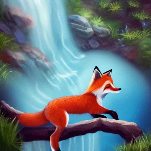Prompt: A happy fox is jumping into a waterfall (storybook illustration for children, trending on Artstation)