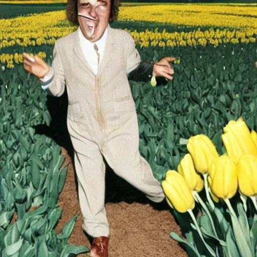 Image similar to photo of herbert butros khaury as singer tiny tim, tiptoeing through the tulips, walking on tiptoes