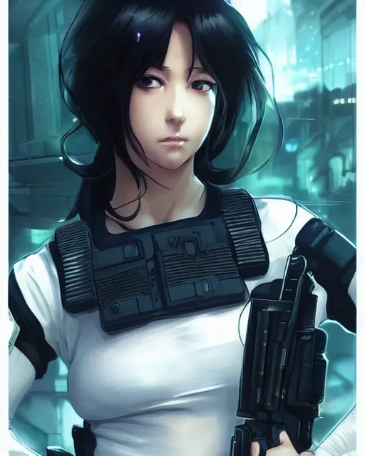 Image similar to anime key visual of a young female swat officer, neon, cyberpunk, futuristic, white top, black vest, stunning, highly detailed, digital painting, artstation, smooth, soft focus, illustration, art by artgerm and greg rutkowski and alphonse mucha