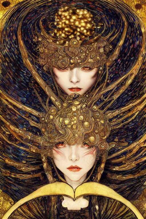 Image similar to Kirisame Marisa from touhou, official artwork, by Karol Bak, Jean Deville, Gustav Klimt, and Vincent Van Gogh, Surreality, otherworldly, fractal structures, arcane, ornate gilded medieval icon, spirals