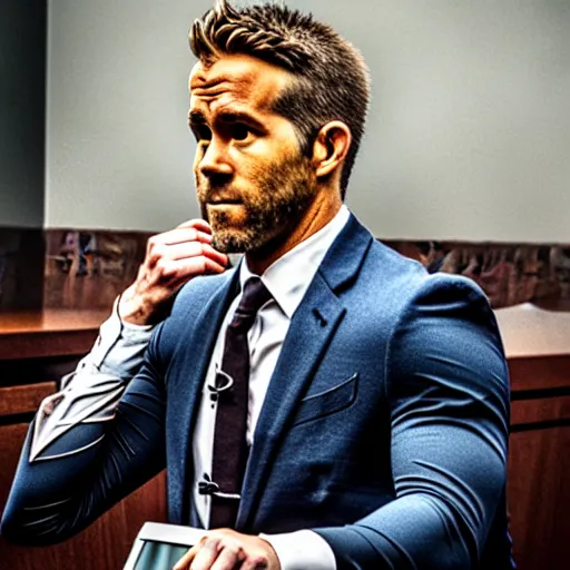 Image similar to ryan reynolds on trial in a courtroom, highly detailed, extremely high quality, hd, 4 k, 8 k, professional photographer, 4 0 mp, lifelike, top - rated, award winning, realistic, detailed lighting, detailed shadows, sharp, no blur, edited, corrected, trending