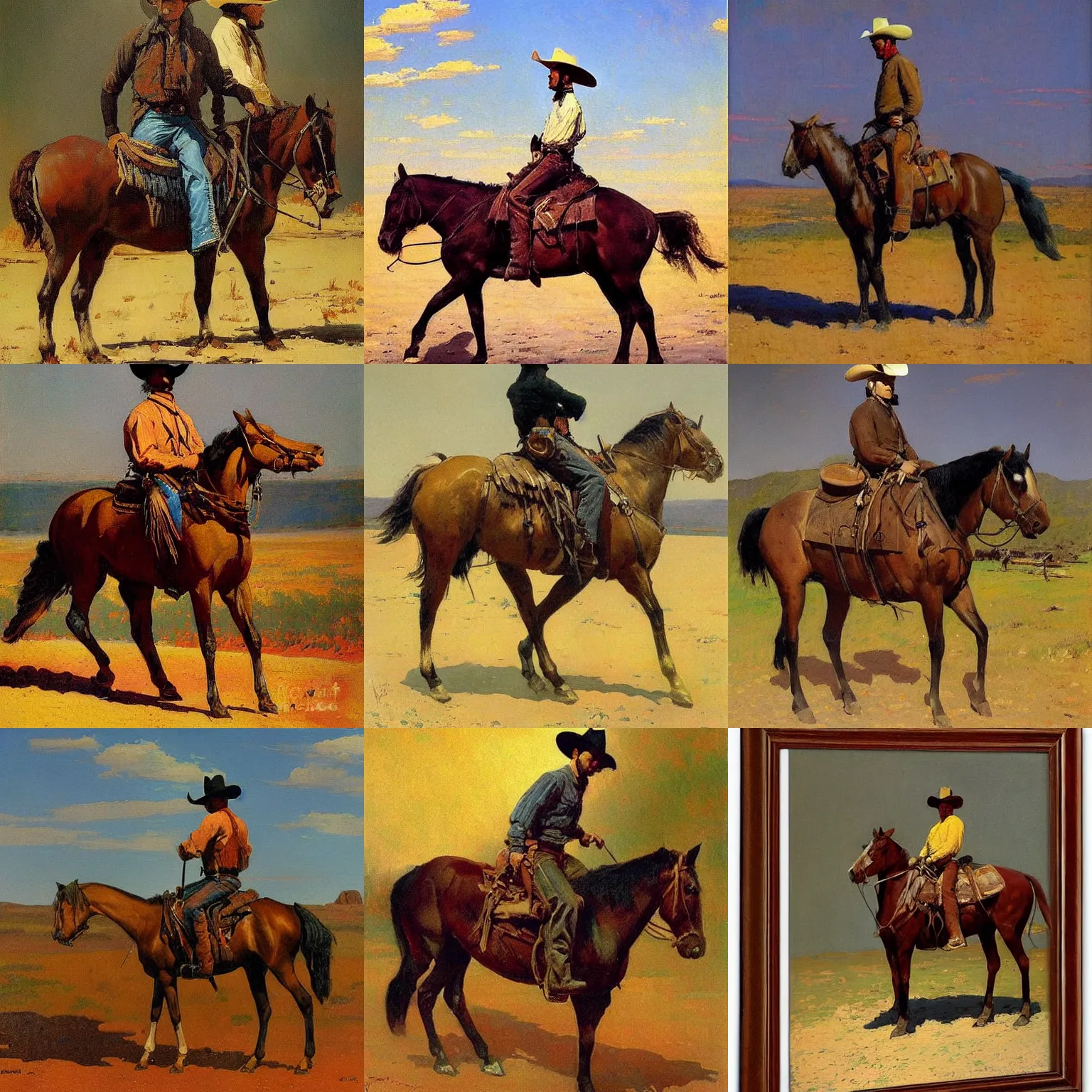 Prompt: a beautiful painting of a cowboy by frederic remington
