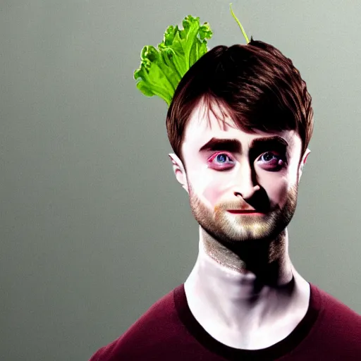 Image similar to hybrid of daniel radcliffe and a!! radish!!, film still,!! red skin!!,!! leaf ears!!, seeds, 8 k, trending on artstation