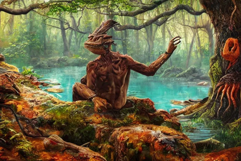 Image similar to highly detailed oil painting of a reptile man sitting in a steaming colorful hotspring with woodland forest backdrop, featured on artstation