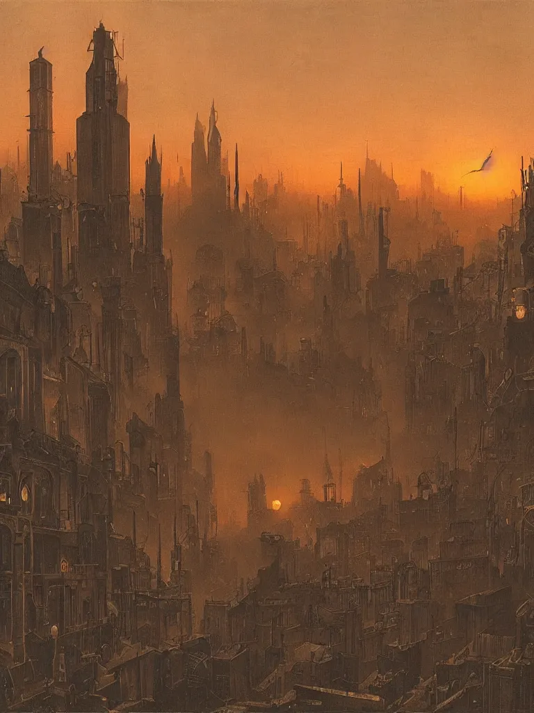 Image similar to a large dieselpunk and steampunk cityscape at dusk in russion during the 1 9 1 0 revolution, caspar friedrich