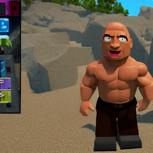 Image similar to screenshot from roblox game dwayne the rock johnson as roblox character